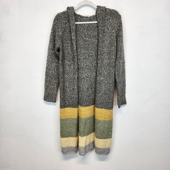 Hem & Thread Long Cardigan Size M Hooded Gray Stripe Open Front Soft Boho - Picture 1 of 14